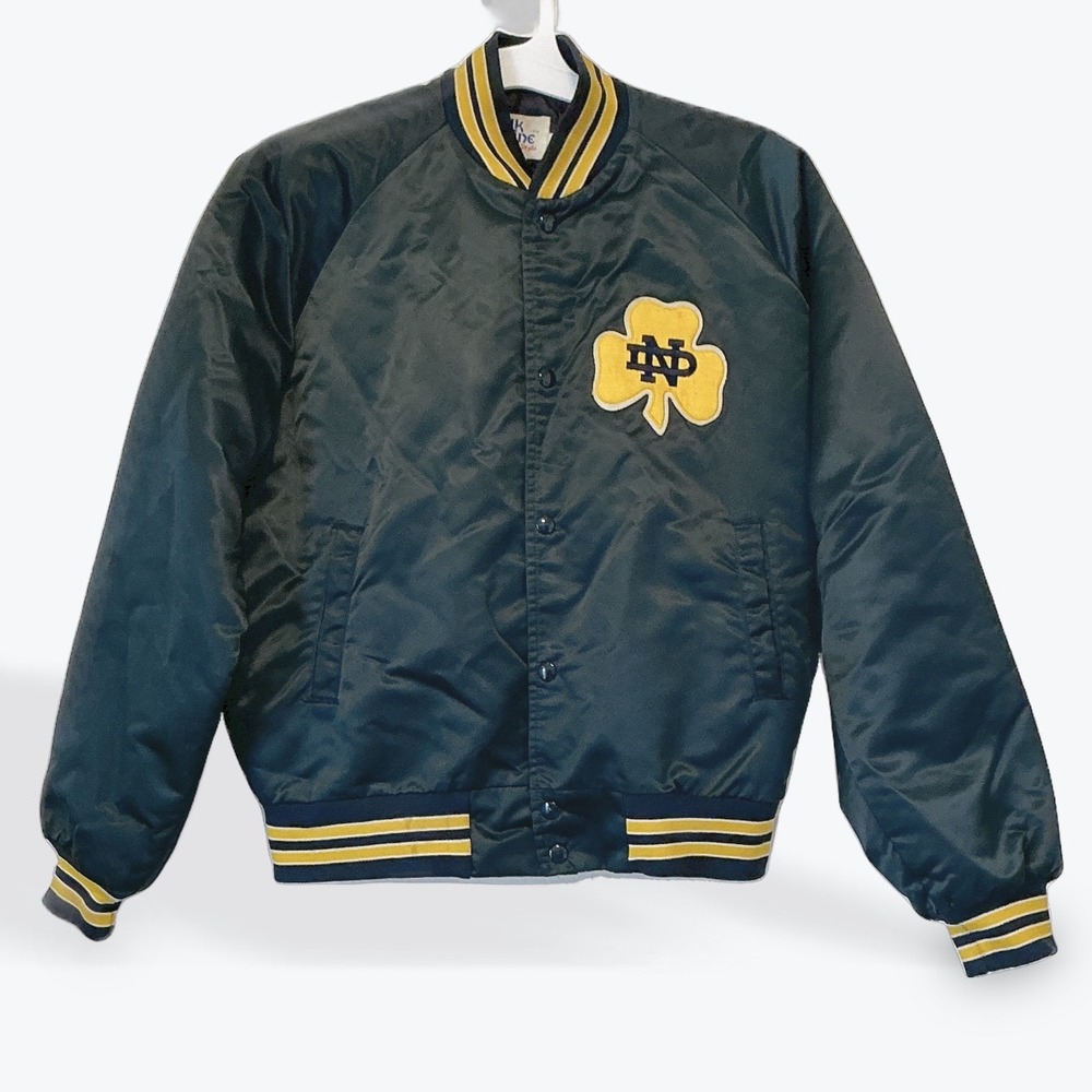Vintage 80s Chalk Line Notre Dame Fighting Irish Satin Bomber Jacket USA Made L - Picture 2 of 12